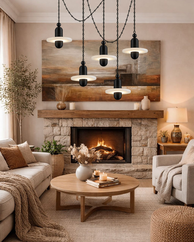 Alabaster Dual Tier Stacked Halo Disc Cluster Pendant Light - Natural Spanish Alabaster, Serene Black Trim - Kitchen Islands & Dining Rooms