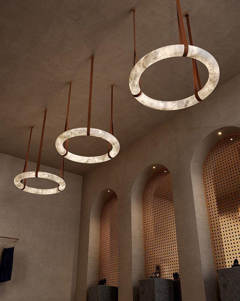 American Coastal LED Round White Marble Pendant Lighting with Brown Leather Belt American chandelier