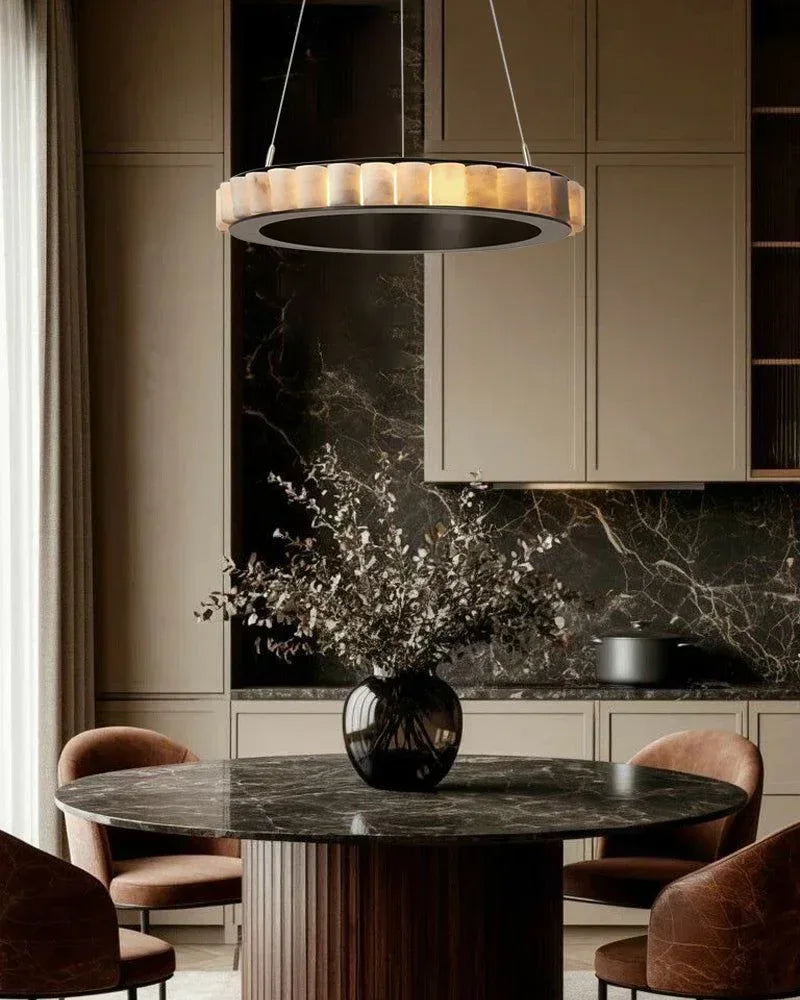 Natural Alabaster Marble Double Circular Chandelier | Black Steel Ring with long cord American chandelier