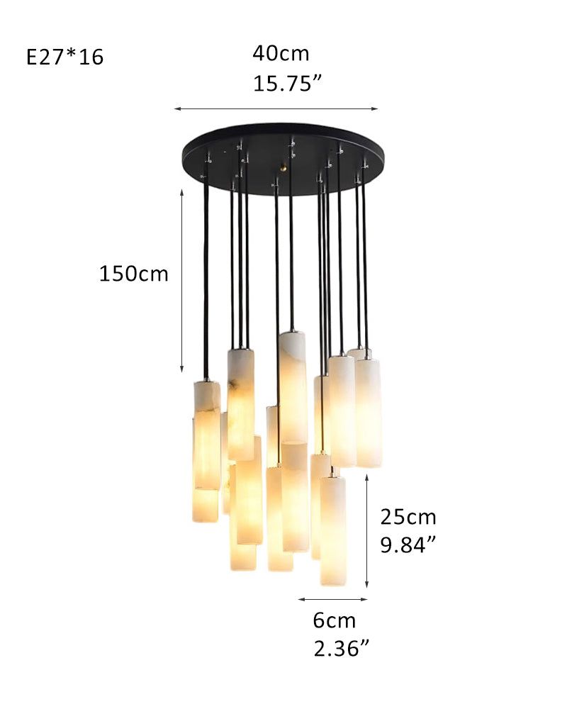 Dimensions and specifications for Silo alabaster pendant lamp with multiple cylinder shapes.