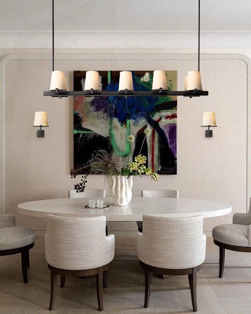 Ravello Series Geometric Linear Chandelier | Open Circular Classic brass structure with modern beige fabric shades, Lacquered Burnished Brass and Black for Dining rooms, kitchens, and entryways American chandelier