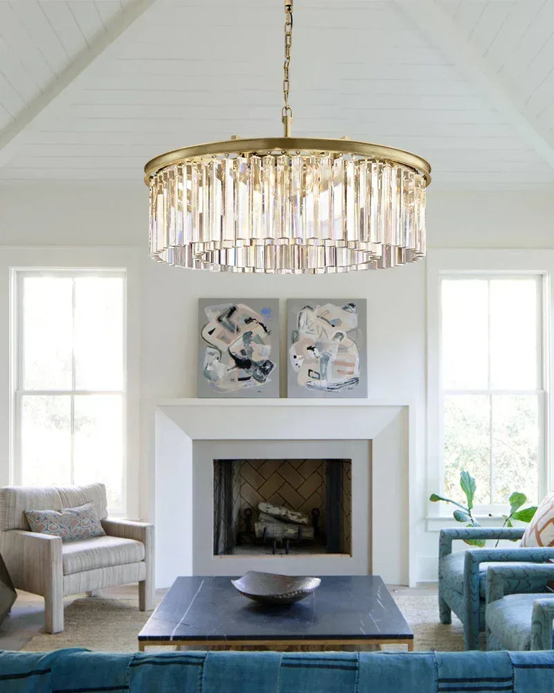 LightsStory Series Prismatic Chandelier | Five Tier Triangular Crystal Precision-cut clear triangular crystal rods and sturdy iron, Black iron finish for Grand Foyers and Dining Rooms American chandelier