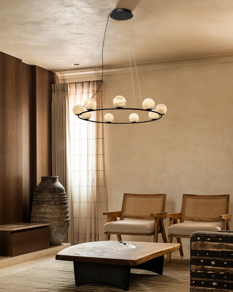 Alabaster Orb 3 Ring Chandelier in Black/Brass Framework | Modern Living Room