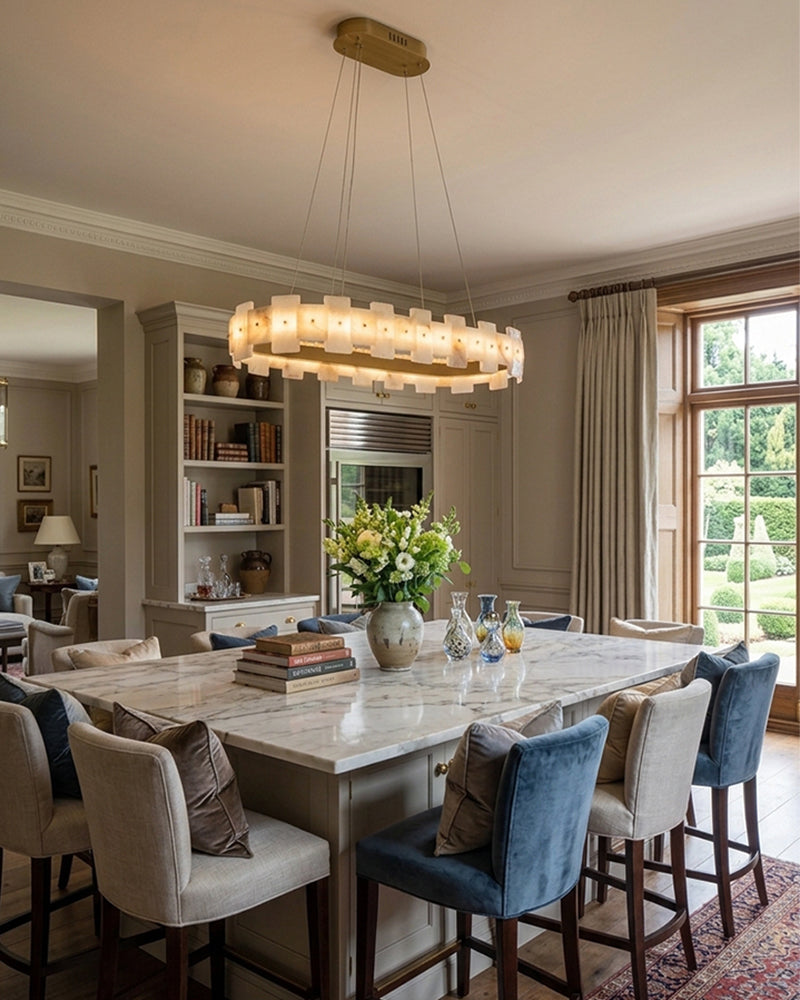 Alabaster Oval Ring Tiled Pendant Light - Natural Spanish Alabaster Tiles, Lux Gold Trim - Kitchen Island & Dining Rooms