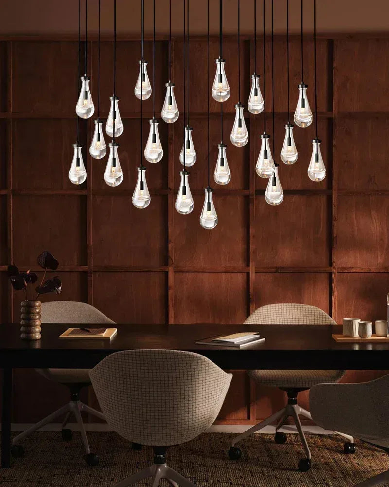 Aged Brass Floating Raindrop Hand Blown Crystal Linear Cluster Chandelier Wide 54" American chandelier