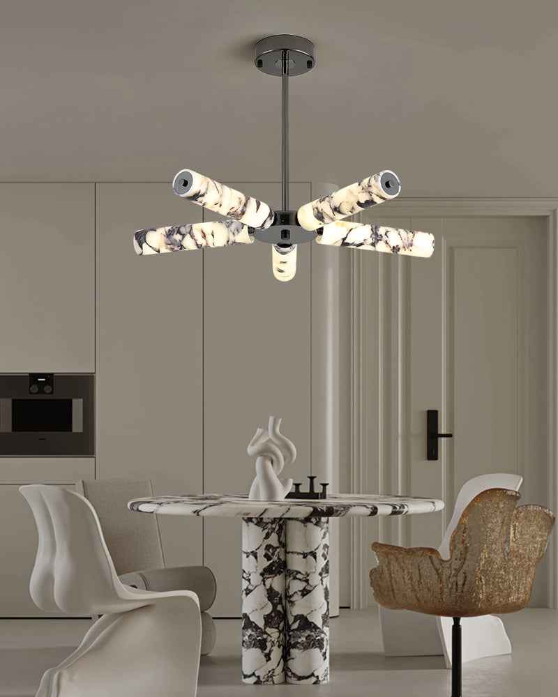 LightsStory Series Geometric Chandelier | Linear Genuine marble and hand-finished metal, Soft Black and Brass finish for Kitchen islands, dining areas, and executive spaces Luxury Modern Chandelier