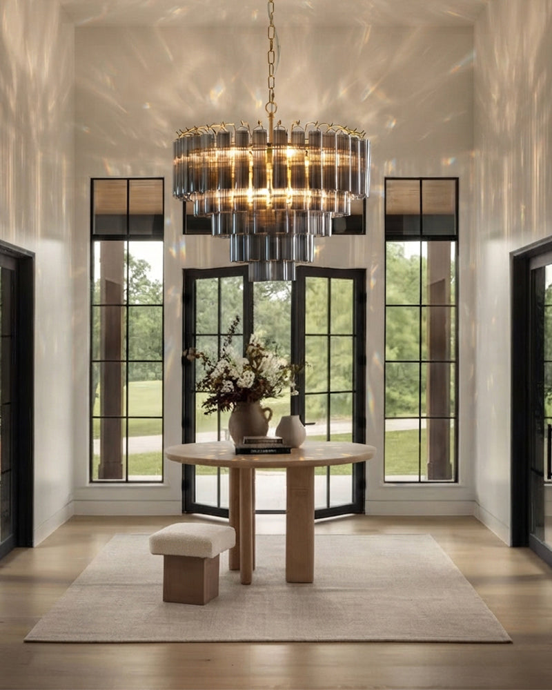 Smoked Fluted Glass Multi Tiered Prism Chandelier - Concentric Glass Tiers, Lux Brass Trim - Living Rooms, Bedrooms, Dining Rooms