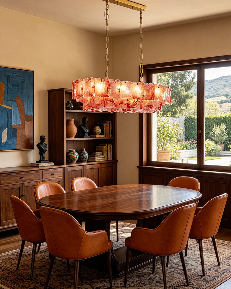 Chiara Murano Glass Contemporary Blush Pink Panel Linear Chandelier - Lux Gold Trim - Kitchen Islands & Dining Rooms