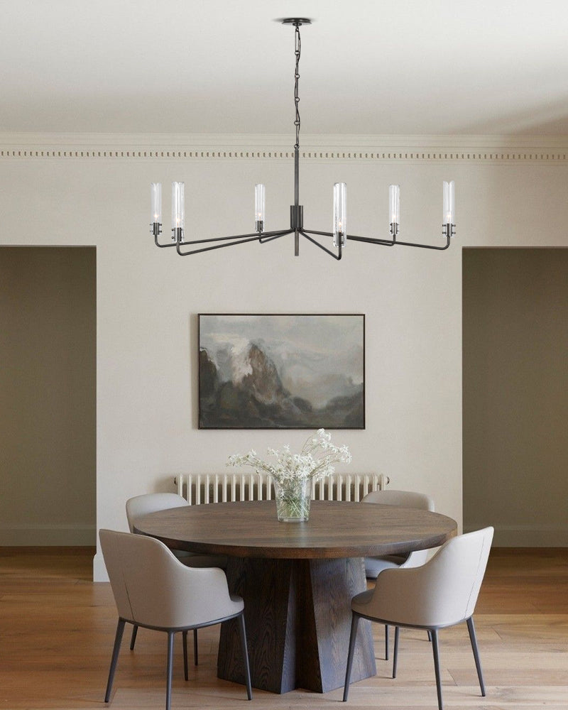 Brushed Chrome Metalwork Chandelier with Textured Slender Clear Glass Cylinders