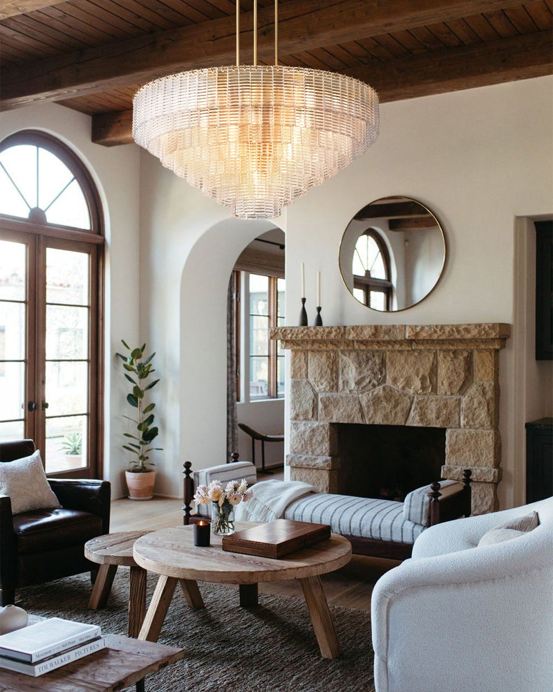 Cassis Fluted Crystal Clear Glass Multi Tiered Prism Cascade Chandelier - Luxury Fluted Glass, Heritage Brass Trim - Living Rooms, Bedrooms, Dining Rooms