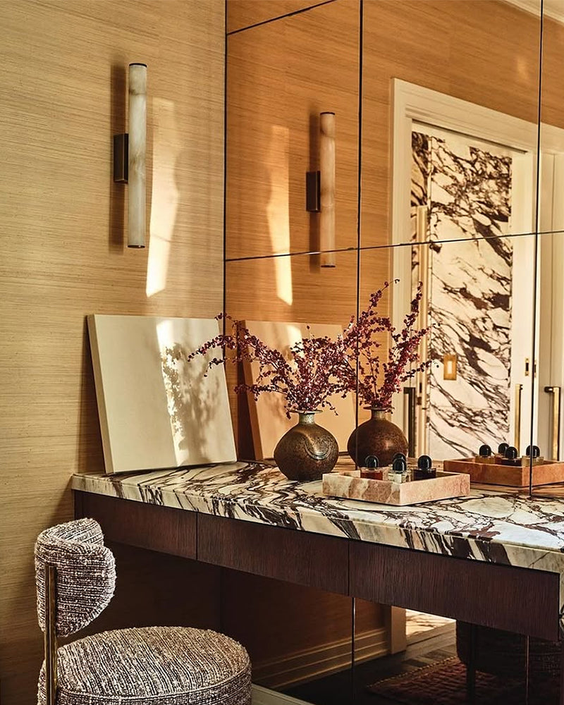 Callisto Linear Strip Long Wall Sconces Brass/Black Metal | Natural Marble Shade