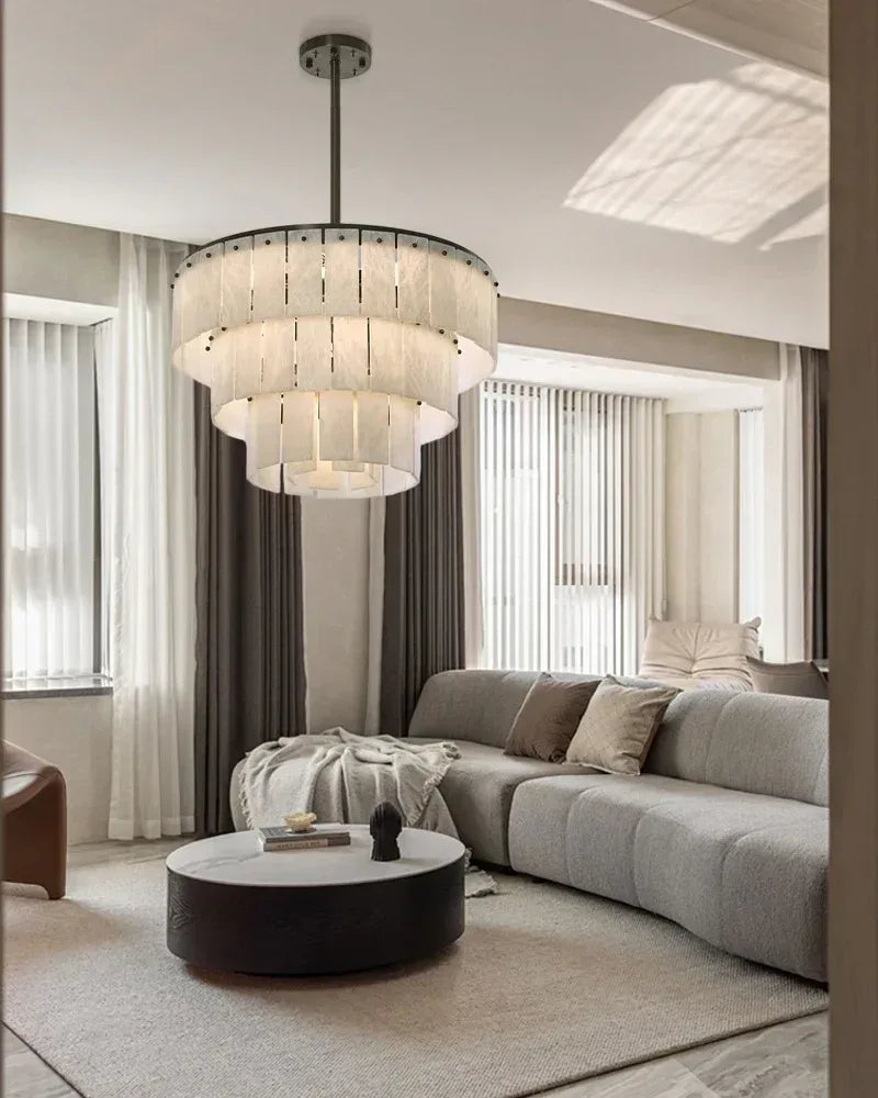 Modern LED High Ceiling Multi Tier Alabaster Chandelier in Black Framework for living room Luxury Modern Chandelier