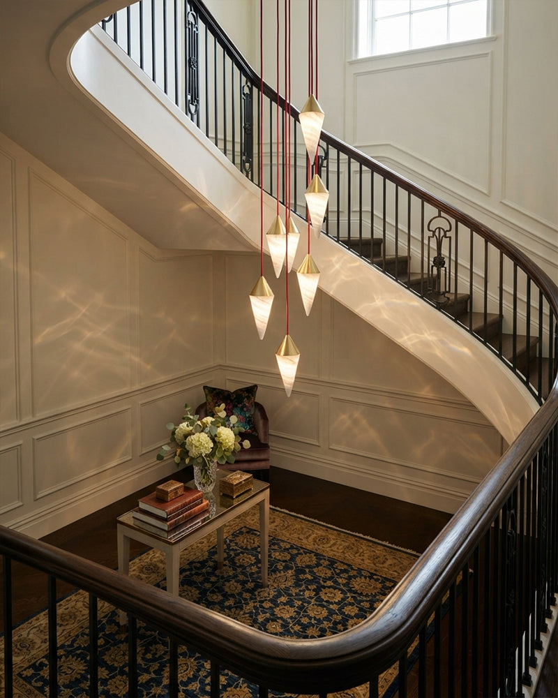 Alabaster Gold Tipped Prism Cluster Pendant Light - Natural Spanish Alabaster, Lux Gold Trim - Lobby, Stairwells & Living Rooms