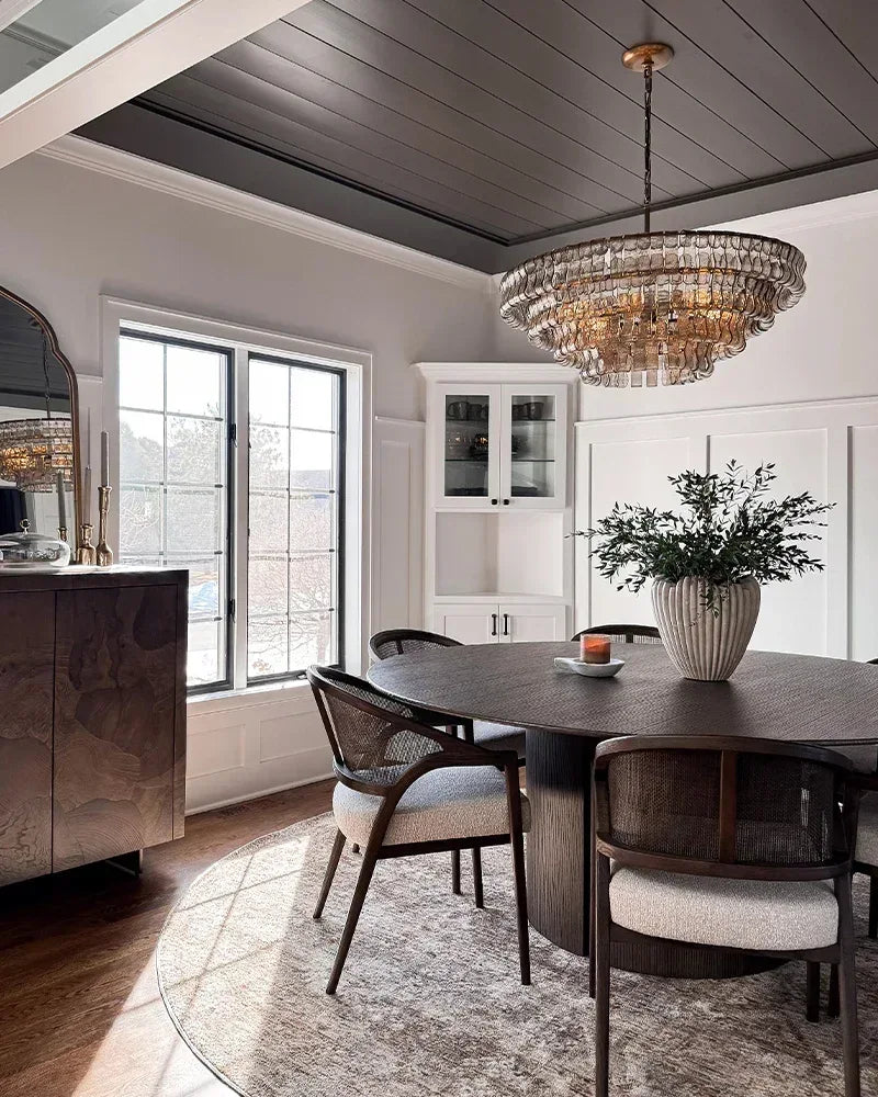 LightsStory Series Ethereal Chandelier | Tiered Round Textured Curved Glass and Aluminum Chain, Plated-Brass or Black Accents for Dining Rooms and Living Areas American chandelier