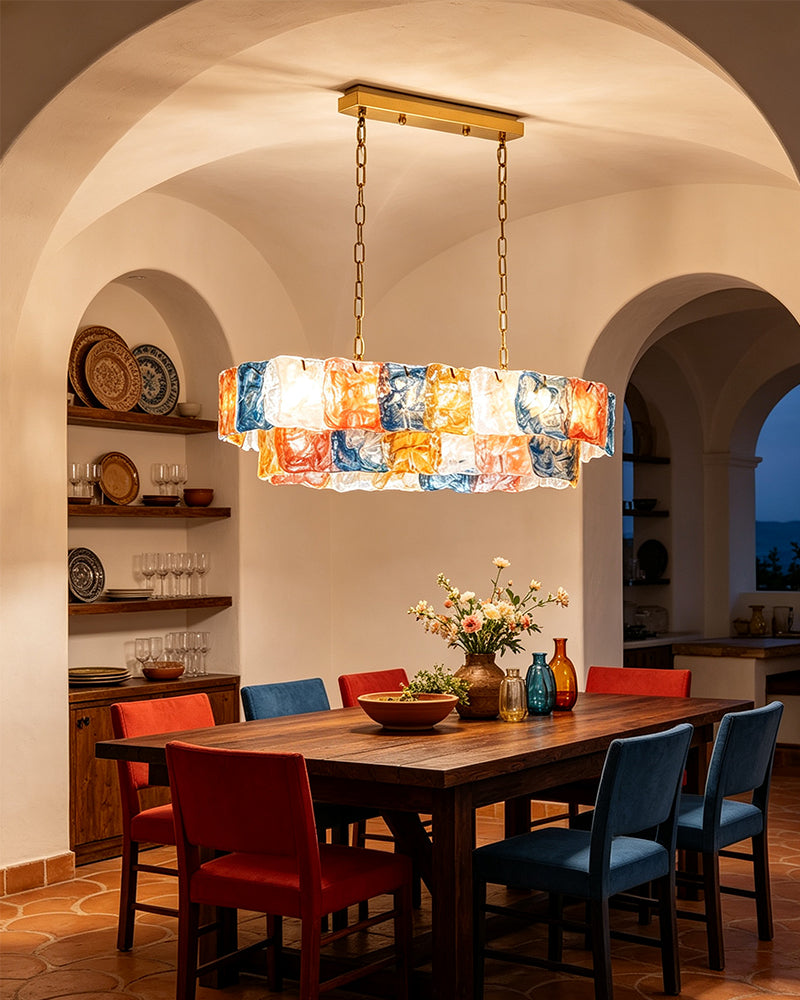 Chiara Murano Glass Contemporary Tri Tone Linear Chandelier - Lux Gold Trim - Kitchen Islands & Dining Rooms
