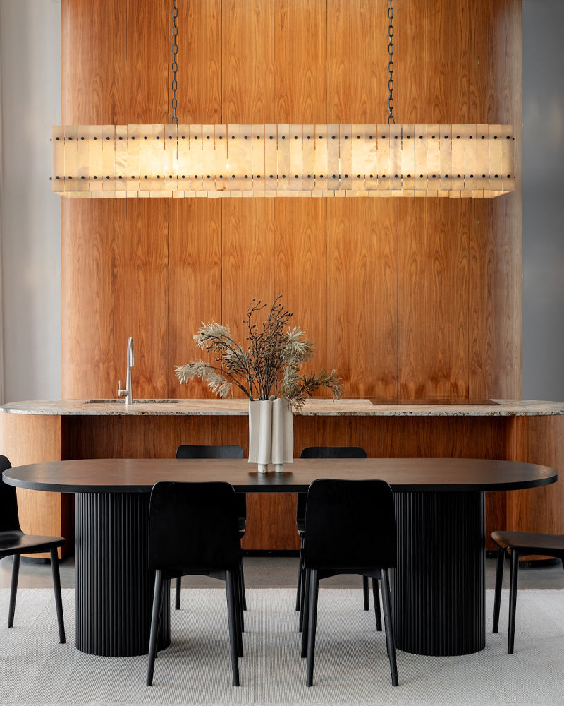 matte black long chandelier with alabaster shade