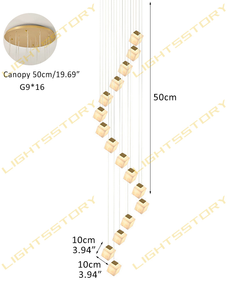 Alabaster Cube Cluster Sculptural Pendant Light - Natural Spanish Alabaster, Lux Gold Trim - Lobby, Foyer, Stairwells and High Ceilings