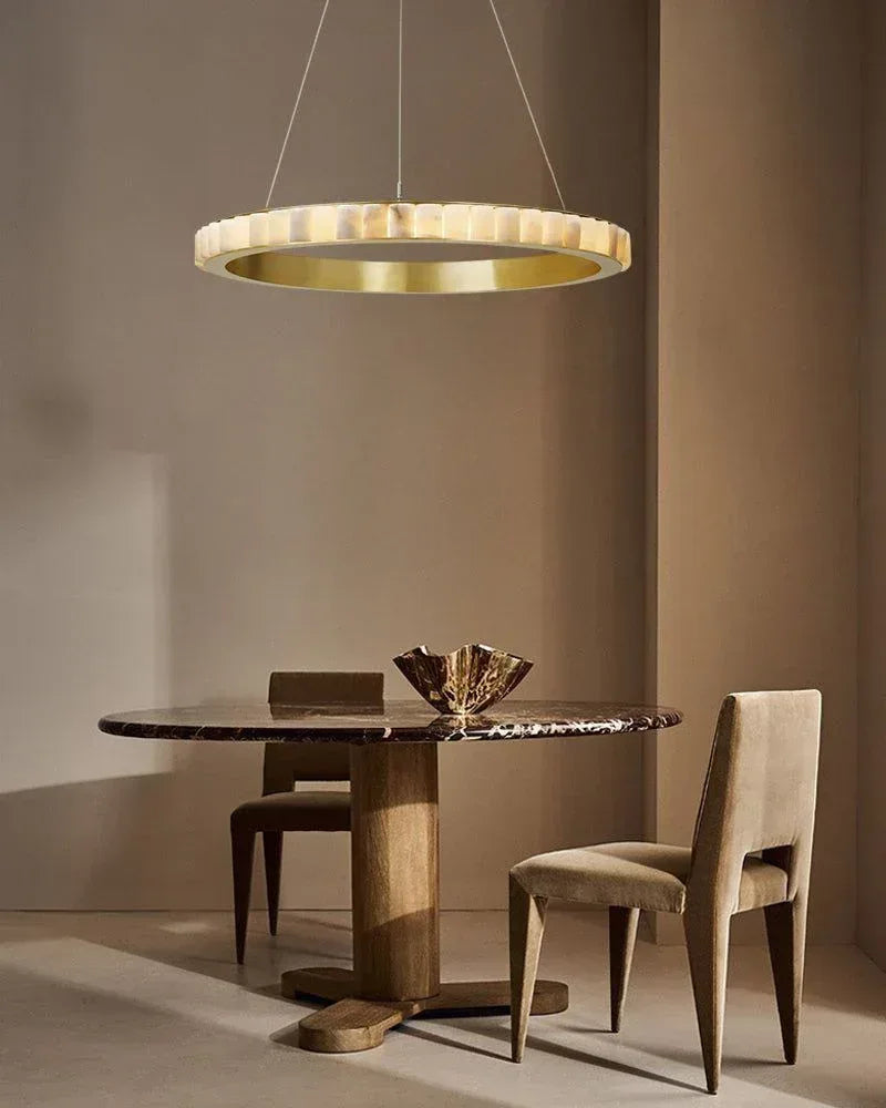Natural Alabaster Marble Double Circular Chandelier | Black Steel Ring with long cord American chandelier
