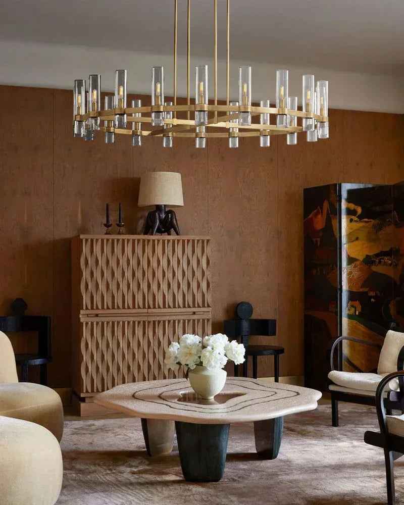Portofino Series Geometric Chandelier | Round Wheel Premium hand-blown clear glass and solid brass, Vintage Brass finish for Grand Foyers and Dining Rooms American chandelier