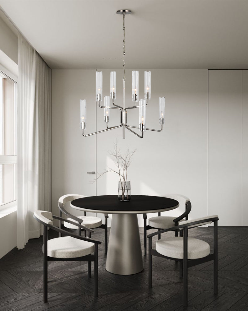 Brushed Chrome Metalwork Chandelier with Textured Slender Clear Glass Cylinders