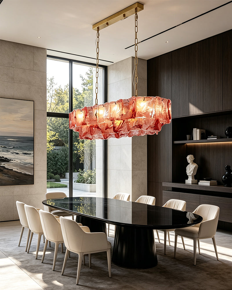Chiara Murano Glass Contemporary Blush Pink Panel Linear Chandelier - Lux Gold Trim - Kitchen Islands & Dining Rooms