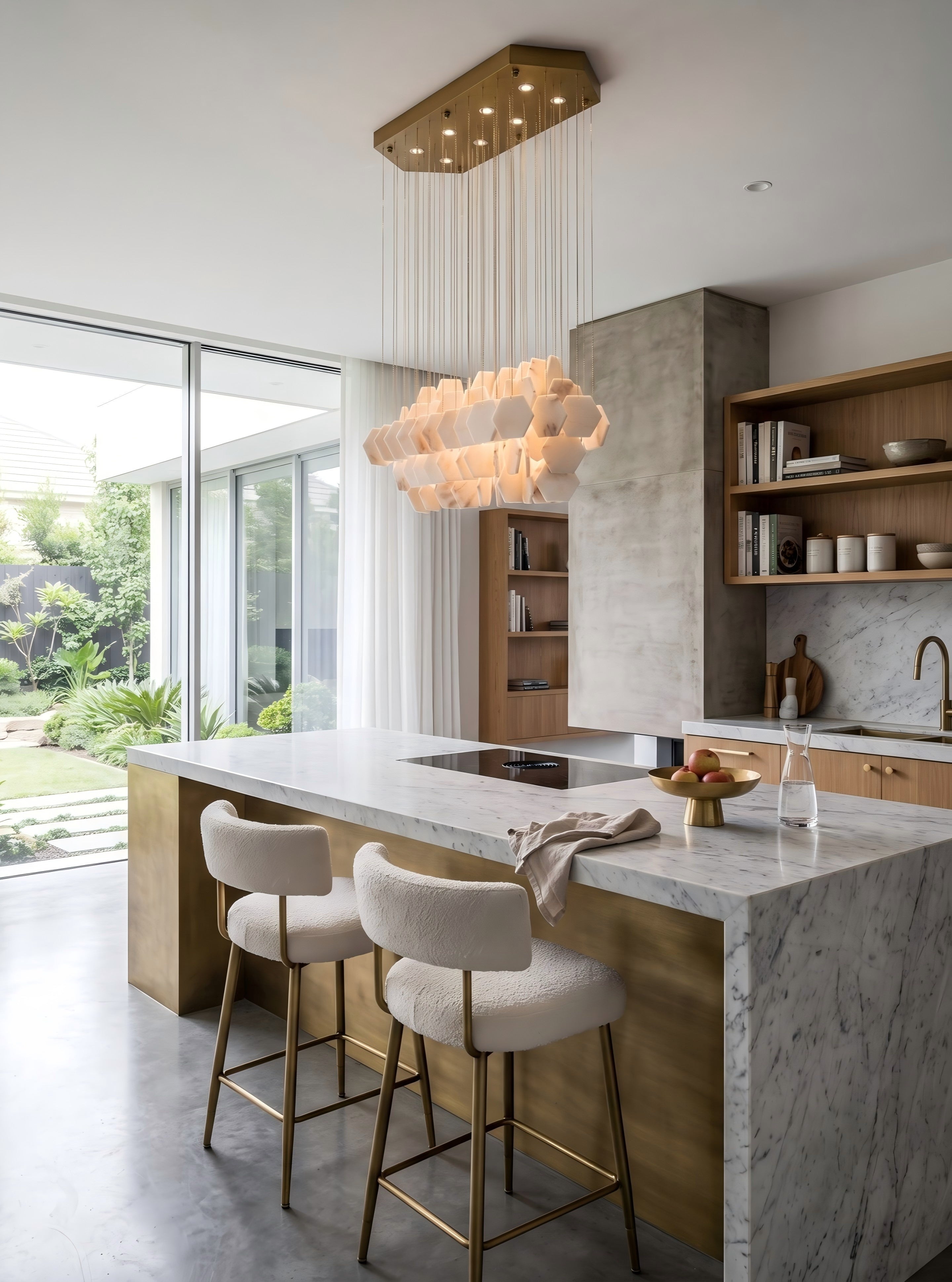 Cassis Alabaster Multi Tiered Cascading Cloud Chandelier - Natural Spanish Alabaster, Lux Gold Trim - Living Rooms, Dining Rooms, Lobby, Stairwells