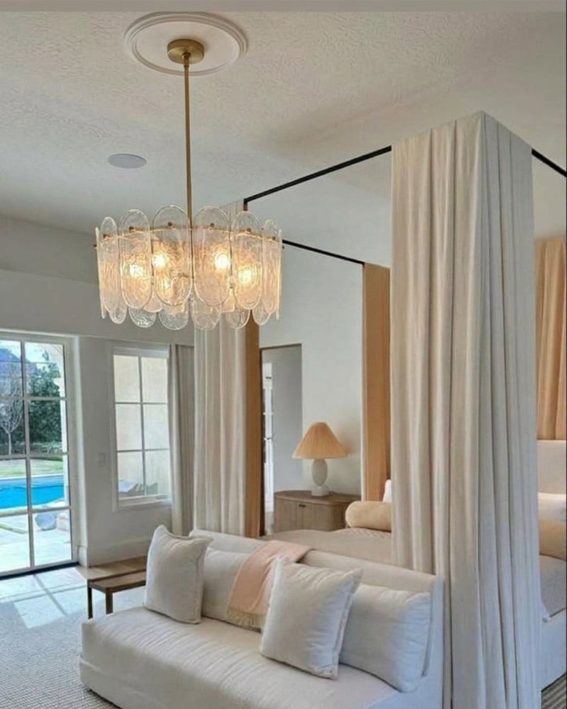 Etienne Glass Petal and Gold Trim Drum Pendant Light - Lux Gold Trim Downrod - Dining Rooms & Living Rooms