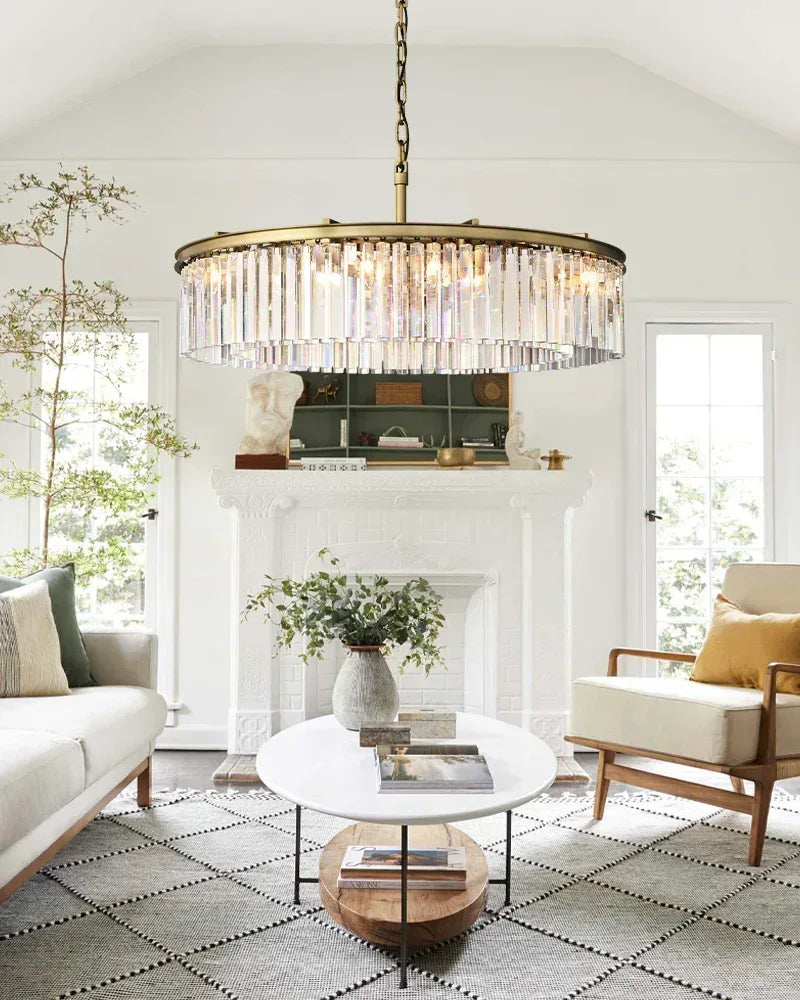 LightsStory Series Cascading Chandelier | Seven Tier Crystal Fringe Precision-cut clear triangular crystal rods and sturdy iron frame, Brushed Gold finish for Grand Foyers and Dining Rooms American chandelier