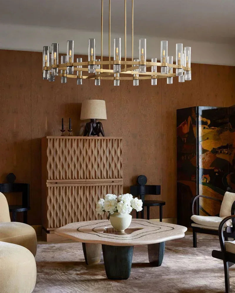 Ravelle Series Geometric Chandelier | Linear Premium hand-blown glass and solid brass construction, Lacquered black brass finish for Dining Rooms and Kitchen Islands American chandelier