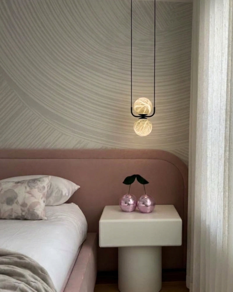 Alabaster Dual Sphere Globe Cradle Pendant Light - Natural Spanish Alabaster Orbs, Serene Black Trim - Kitchens, Dining & Living Rooms
