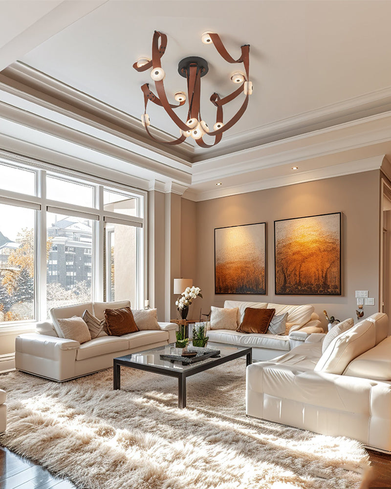 LED Mini SNAPS Module Ceiling Alabaster Pendant Light with Brown Leather Straps