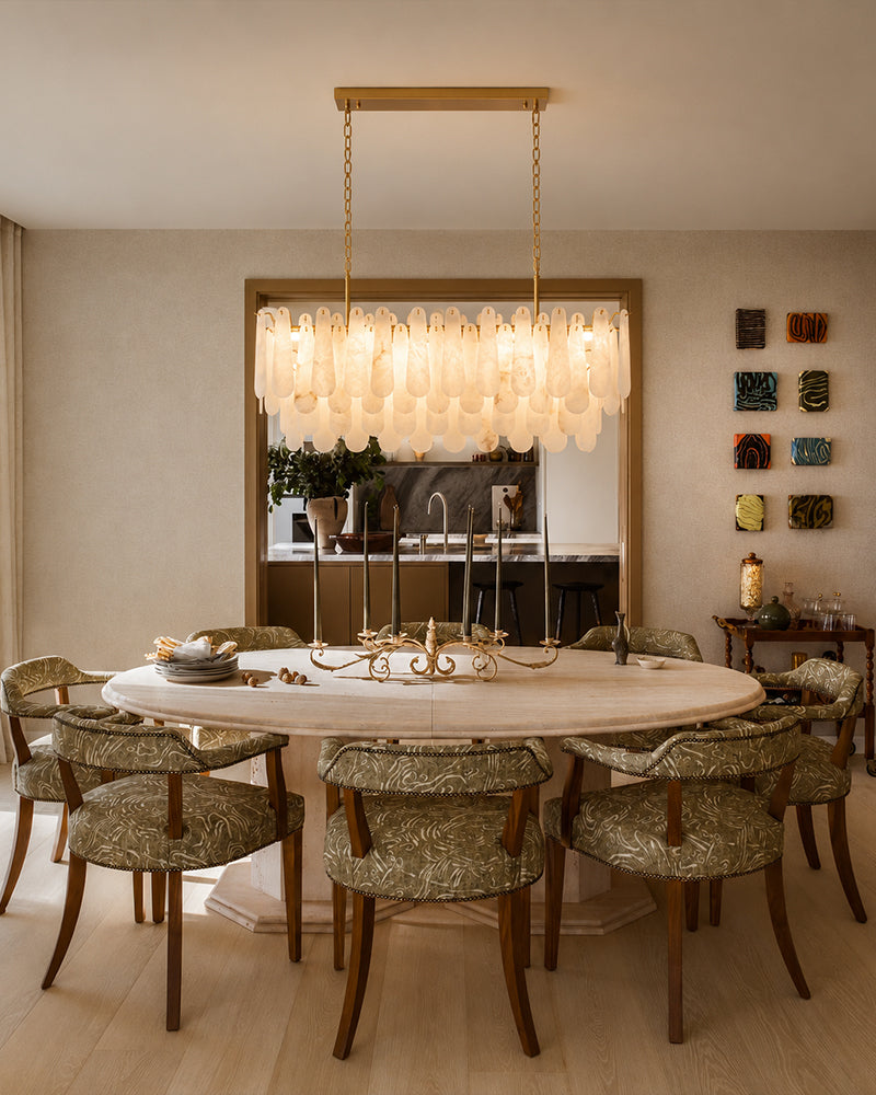 Alabaster Organic Petal Oval Ring Linear Chandelier - Natural Spanish Alabaster, Lux Gold Trim - Kitchen Islands & Dining Rooms
