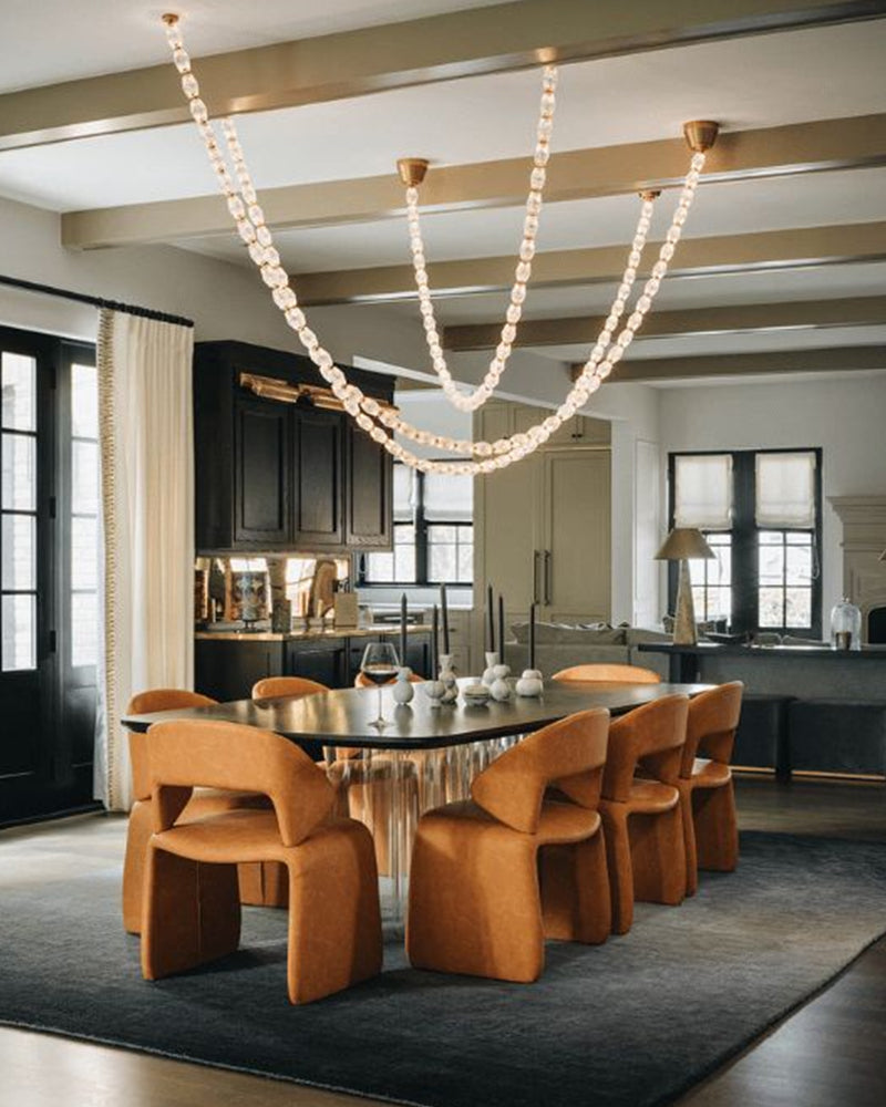 Clairval Glass Bead Rope Hanging Pendant Light - Clear Glass, Lux gold Trim - Lobby, Living Rooms & High Ceilings