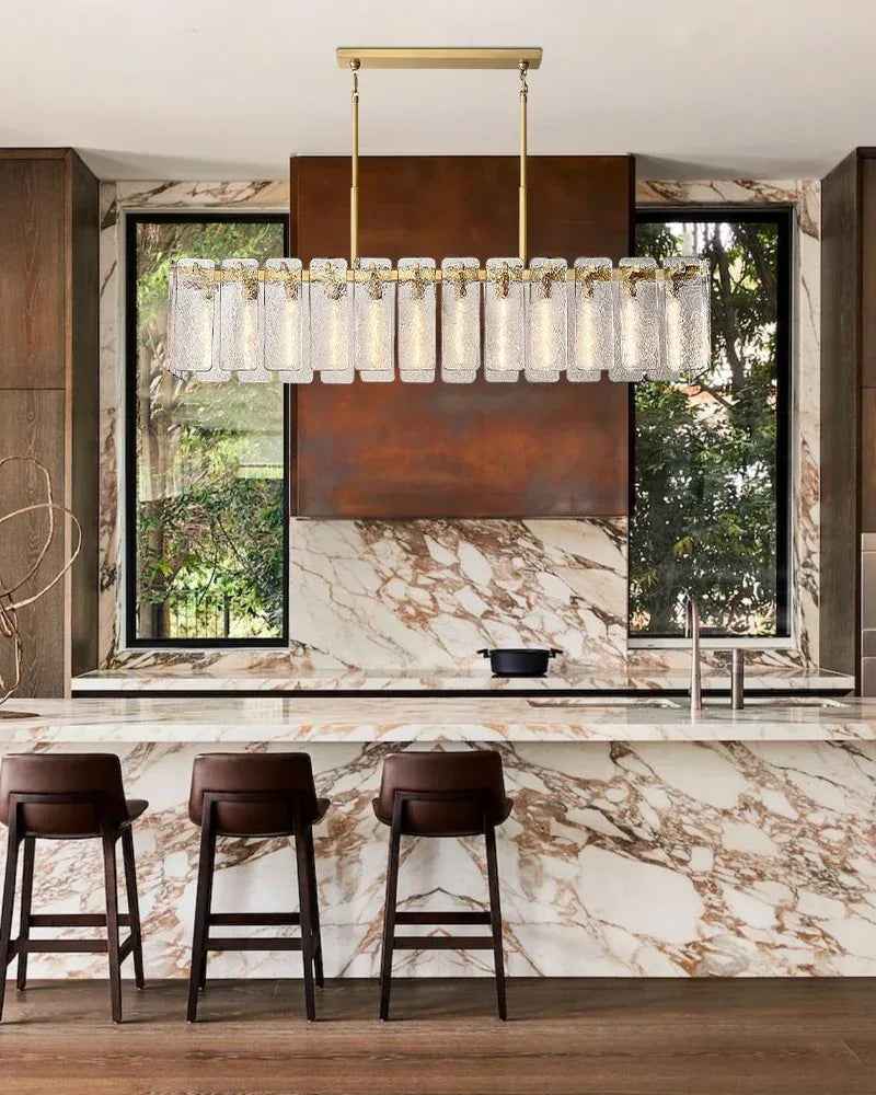 Winchester Series Geometric Chandelier | Linear Handcrafted Rippled Glass Panels, Minimalist Metal Frame for Kitchen Islands and Dining Areas American chandelier
