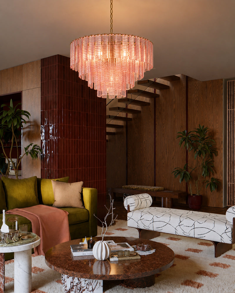Cassis Fluted Blush Pink Multi Tiered Waterfall Chandelier - Textured Glass, Lux Brass Trim - Dining Rooms, Living Rooms & Bedrooms