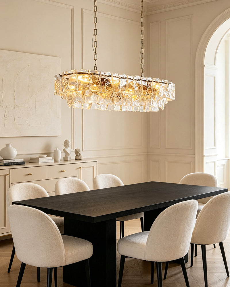 Chiara Murano Glass Contemporary Ghiaccio Panel Linear Chandelier - Lux Gold Trim - Kitchen Islands & Dining Rooms