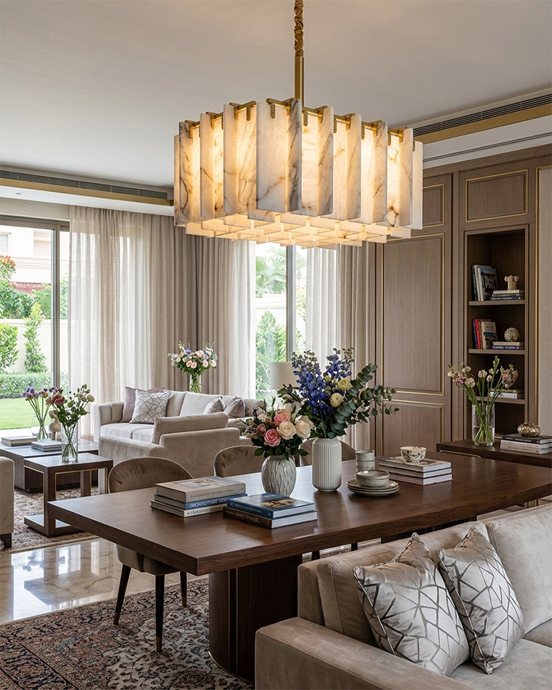 Alabaster Concentric Lattice Square Panel Chandelier - Natural Spanish Alabaster, Custom, Lux Brass Trim - Living Rooms, Bedrooms, Dining Rooms