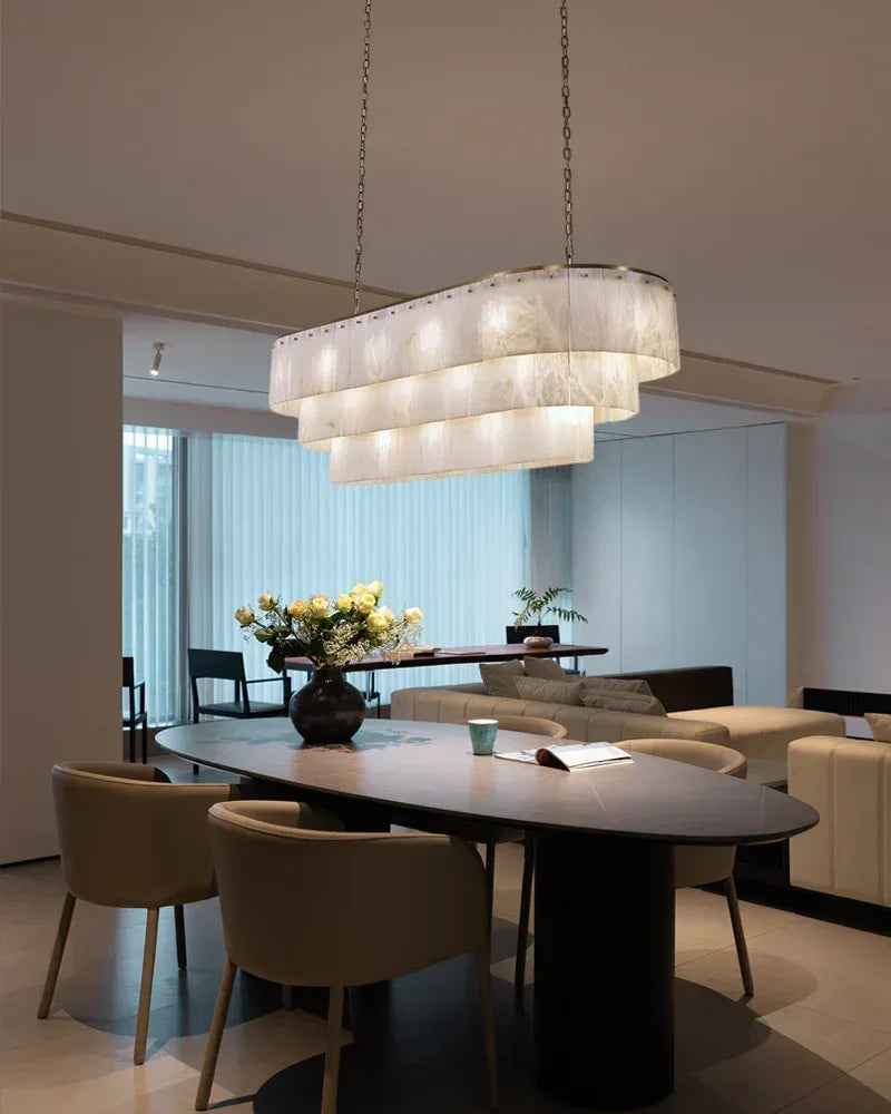 LightsStory Series Geometric Chandelier | Multi-Tiered Rectangular Natural Gypsum Alabaster, Natural Matte Finish for Grand Lobbies and Spacious Entrances Luxury Modern Chandelier