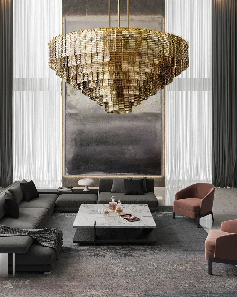 Clear & Smoke Ridged Glass Multi-Tire Large Rectanglular Sirene Chandelier Collection 40“ 48” 60" 70" American chandelier