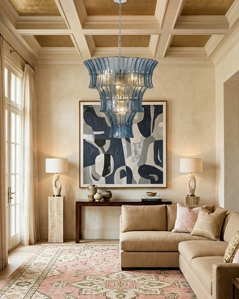 Ghiaccio Glass Atlantic Blue Prism Multi Tiered Waterfall Chandelier - Heritage Brass Trim - Living Room & Dining Room