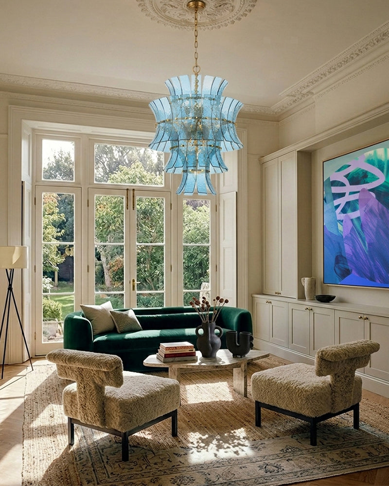Ghiaccio Glass Azure Blue Cascade Multi Tiered Waterfall Chandelier - Heritage Brass Trim - Living Room & Dining Room
