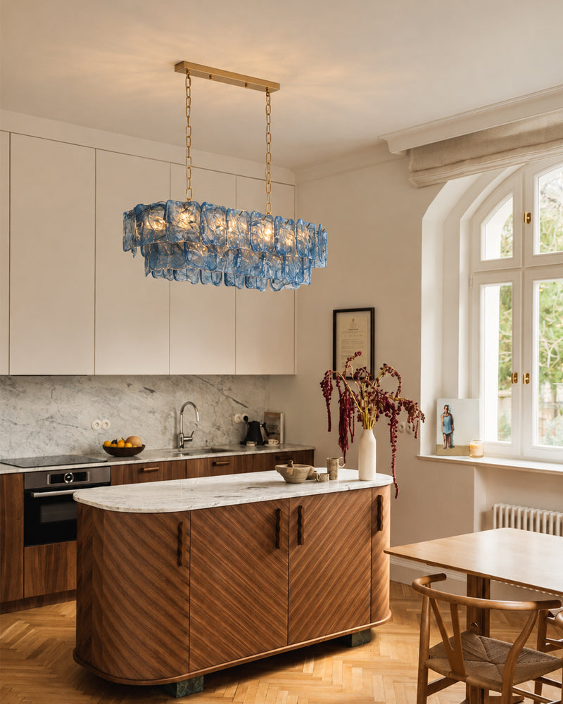 Chiara Murano Glass Contemporary Azure Blue Panel Linear Chandelier - Lux Gold Trim - Kitchen Islands & Dining Rooms
