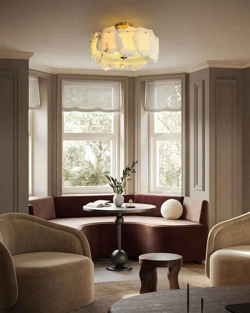 Alabaster & Brass Ceiling Light. Luxury LED Lighting Fixture. Flush Mounted Ceiling Lamp