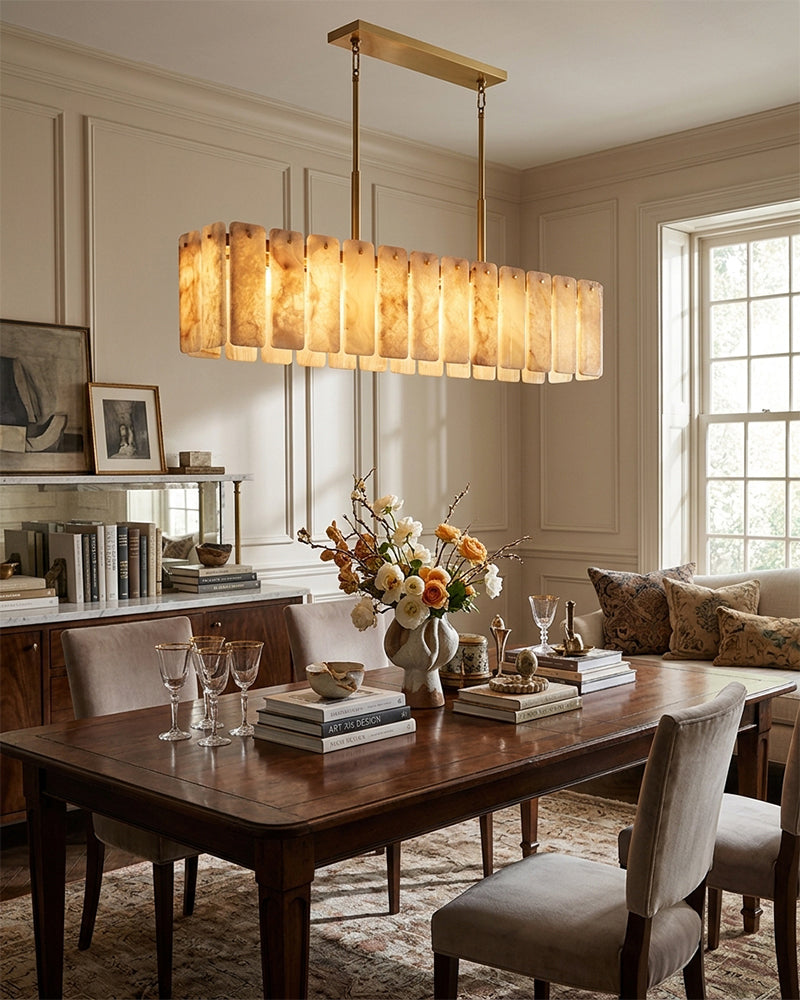 Winchester Alabaster Tile Linear Oval Canopy Chandelier - Natural Spanish Alabaster, Lux Gold Trim - Kitchen Islands & Dining Rooms
