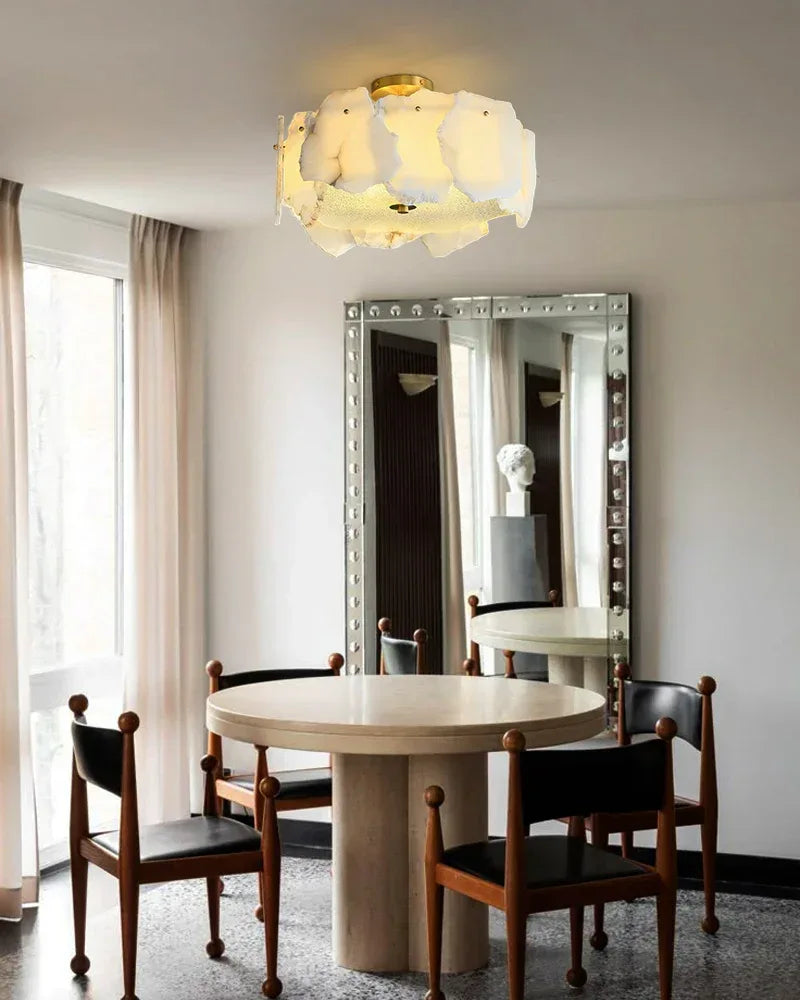 Elegance Semi Flush Alabaster Round Ceiling Light Fixture in Brass Flush Mounted Ceiling Lamp
