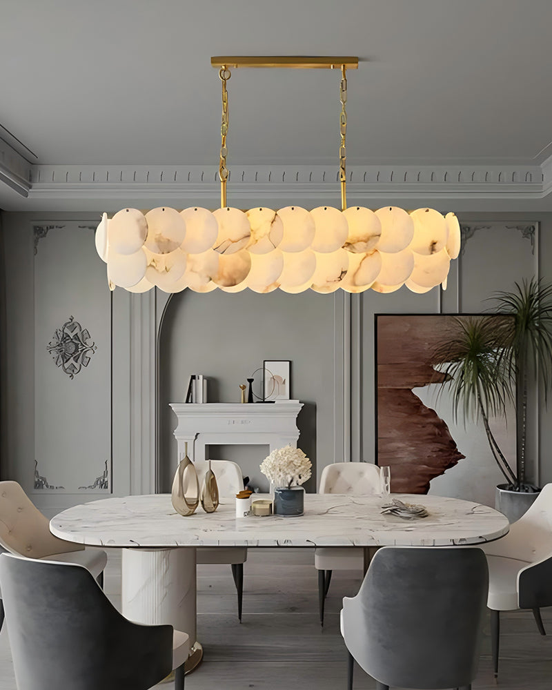 Alabaster Organic Disc Golden Canopy Linear Chandelier - Natural Spanish Alabaster, Lux Gold Trim - Kitchen Islands & Dining Rooms