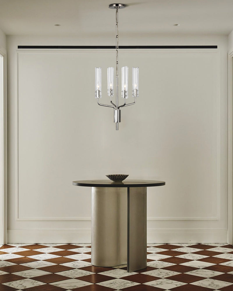 Brushed Chrome Metalwork Chandelier with Textured Slender Clear Glass Cylinders