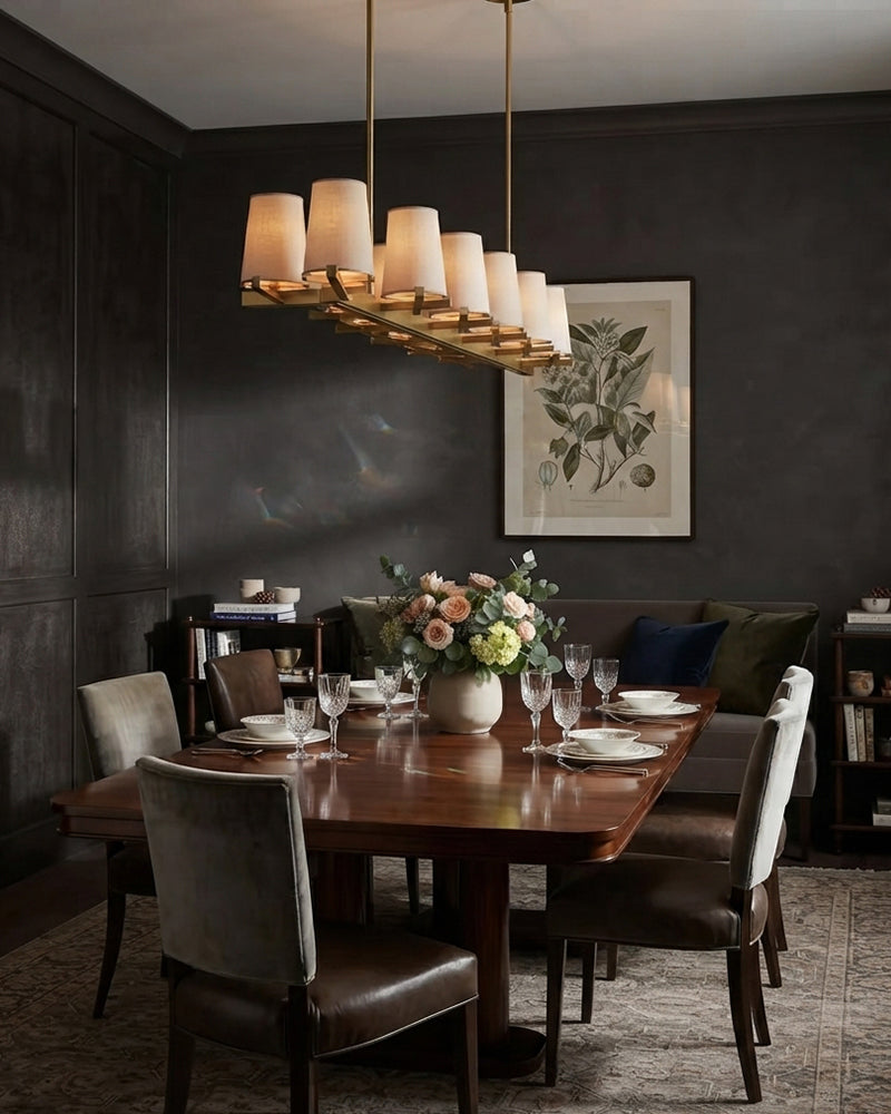 Ravello Organic Linen Shade Tapered Candelabra Chandelier - Organic Fabric Design, Lux Gold Trim - Kitchen Islands & Dining Rooms