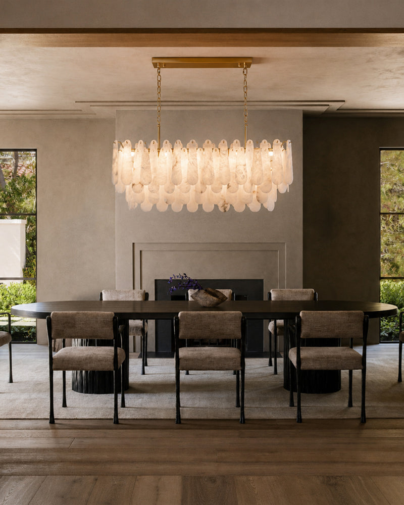 Tiered Rectangular Alabaster Chandelier - Natural Spanish Alabaster, Lux Gold Trim - Luxury Home Interior Lighting