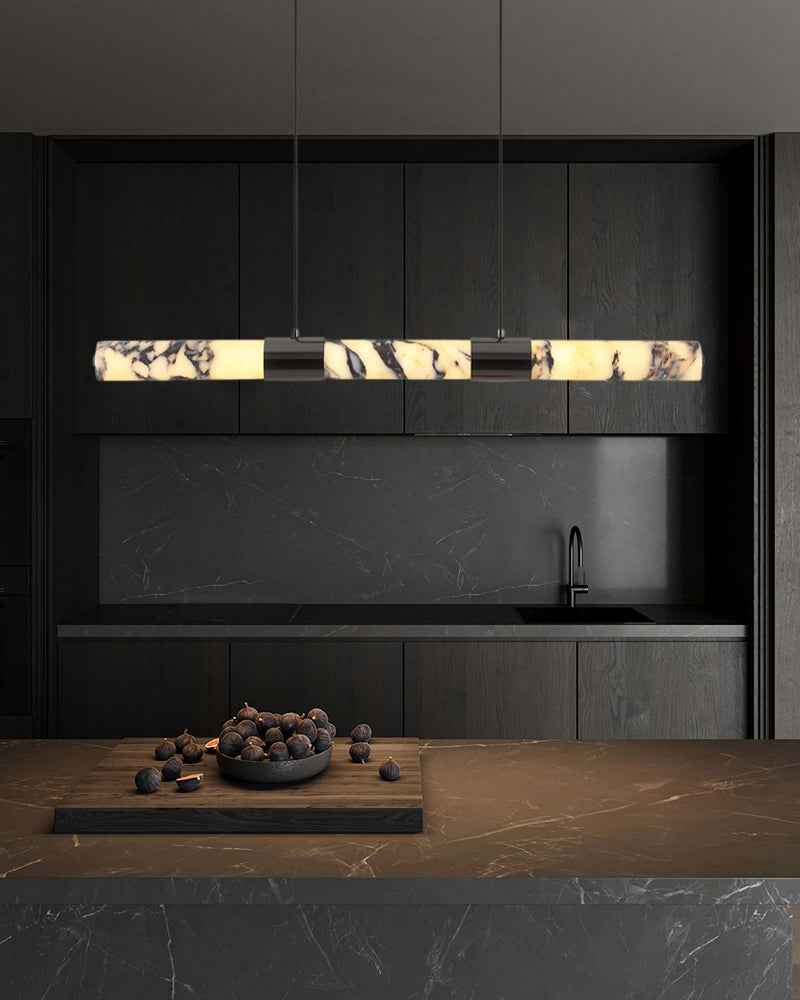 LightsStory Series Geometric Chandelier | Linear Genuine marble and hand-finished metal, Soft Black and Brass finish for Kitchen islands, dining areas, and executive spaces Luxury Modern Chandelier